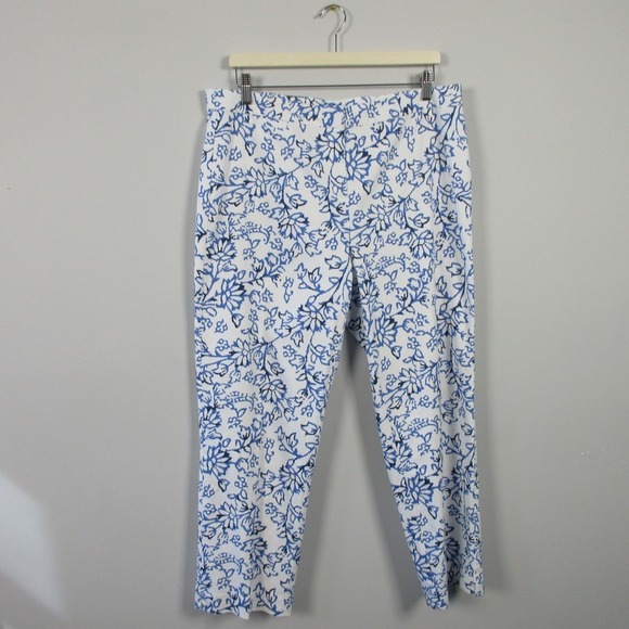 J. Jill Floral Stretch Pants Women 14 Tall Blue White Cotton Blend Summer 310 - Picture 1 of 11